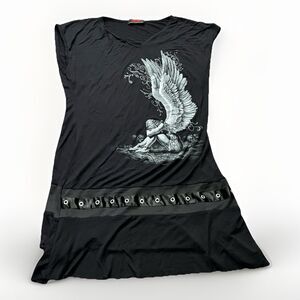 Gothic Grunge Spiral Angel Graphic Black Sleeveless Tunic Grommet Trim Size M